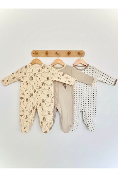 ELLO BABY Extra Yumuşak %100 Pamuk Desenli Çıtçıtlı Uzun Kollu Body Zıbın 3'l...