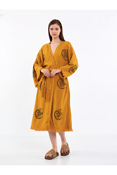 PERAVES روب كيمونو من الموسلين 100% قطن بنقشة القمر بلون الخردل، روب استحمام ...