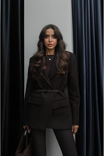 Havoş Μπουφάν με ζώνη από μάλλινο μείγμα καφέ ριγέ