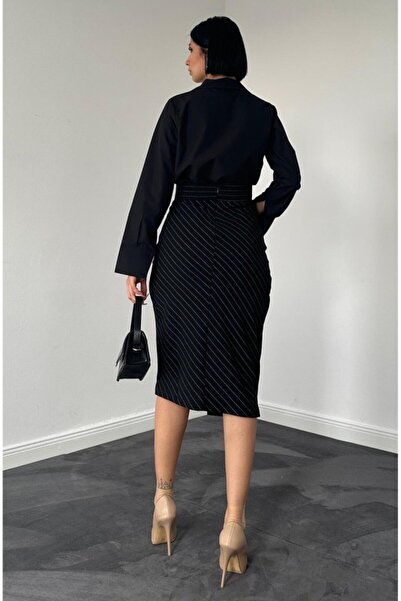 Wear Up Black Striped Polyviscon Skirt