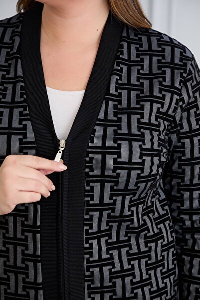 FOR ESRA BIG TREND Women's Plus Size Embossed Velvet Patterned V-Neck Zippered Lightweight Stretchy Cardigan