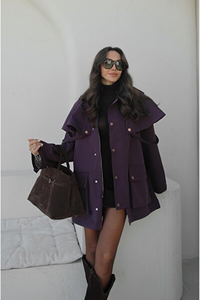Havoş Plum Hooded Contrast Collar Trench Coat