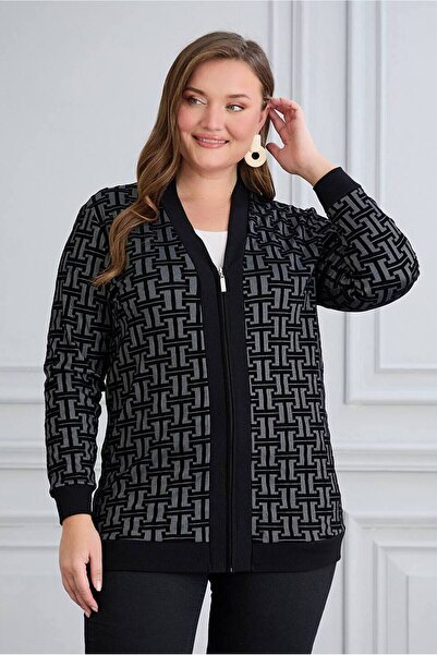 FOR ESRA BIG TREND Women's Plus Size Embossed Velvet Patterned V-Neck Zippered Lightweight Stretchy Cardigan