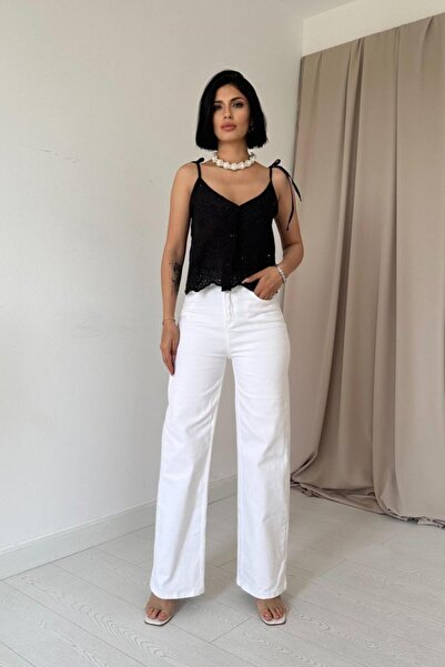 By Sevilen Collection Black Lace-Up Brode Blouse