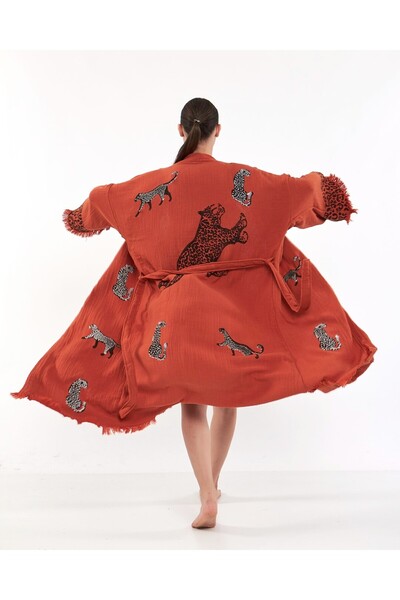 PERAVES Müslin Kimono %100 Pamuk Leopar Desenli Kiremit Bornoz Kaftan Sabahlık rahatlık