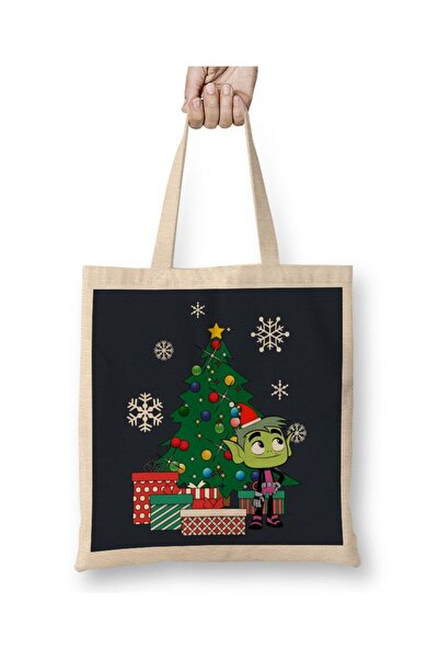 Toyaso Teen Titans Beast Boy Around the Christmas Tree White Cloth Bag Long Handle Shopping Bag