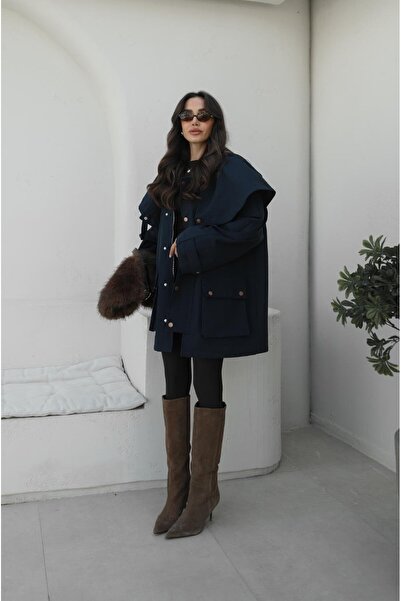 Havoş Navy Blue Hooded Contrast Collar Trench Coat