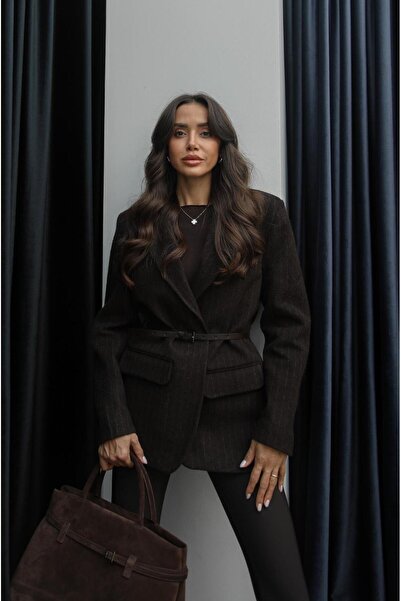 Havoş Μπουφάν με ζώνη από μάλλινο μείγμα καφέ ριγέ