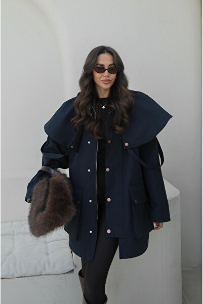 Havoş Navy Blue Hooded Contrast Collar Trench Coat