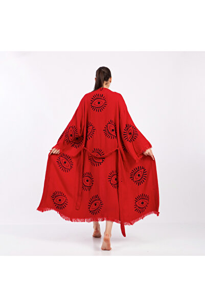 PERAVES كيمونو من الموسلين 100% قطن بنقشة العينين، روب حمام أحمر، قفطان، ثوب ...