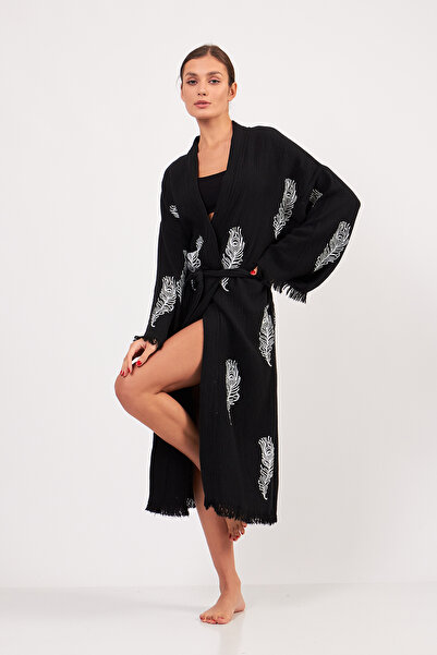 PERAVES كيمونو من الموسلين 100% قطن بنقشة الريش، روب استحمام أسود، قفطان، ثوب...