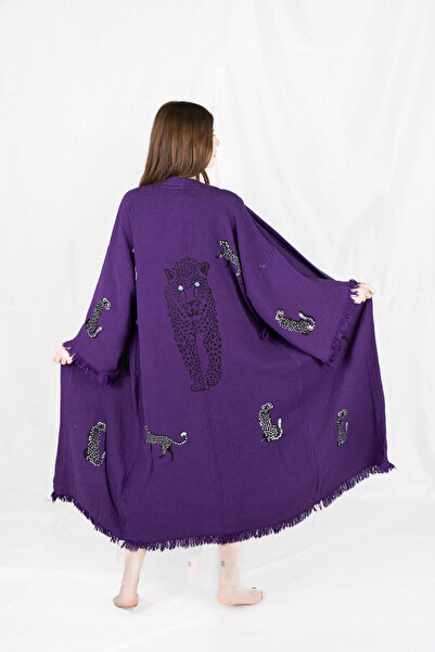 PERAVES كيمونو من الموسلين 100% قطن بنقشة الفهد، روب استحمام أرجواني، قفطان، ...