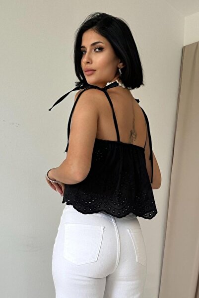 By Sevilen Collection Black Lace-Up Brode Blouse