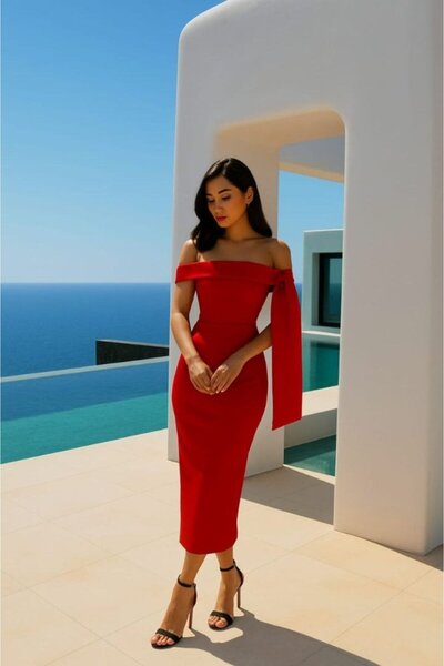 BÜŞRA TEZEL MODA Γυναικείο φόρεμα μίντι μήκους με γιακά Madonna Diver Crepe Fabric