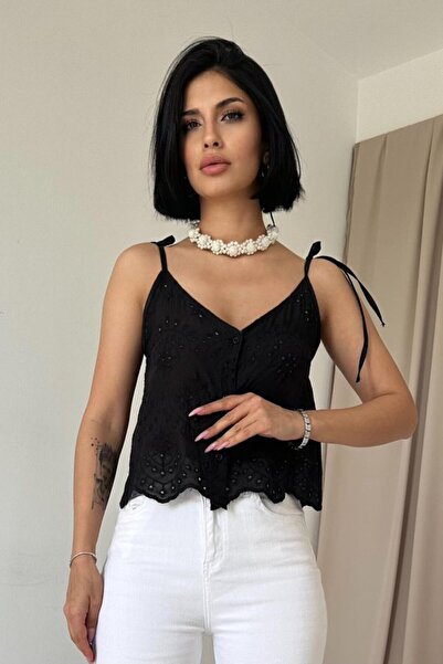 By Sevilen Collection Black Lace-Up Brode Blouse