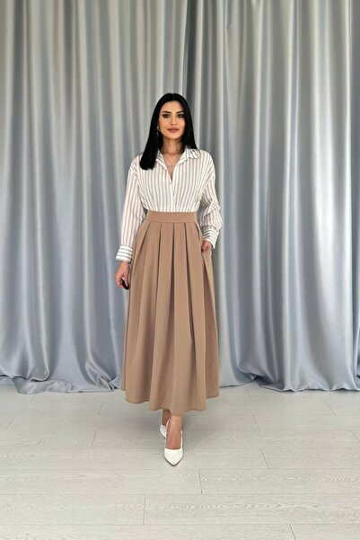 By Sevilen Collection Camel Long Pleated Skirt