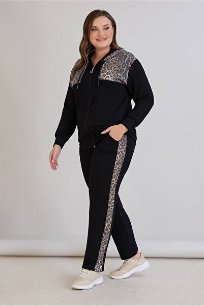 FOR ESRA BIG TREND Women's Plus Size Sequined Leopard Detail Hooded Zippered Pockets Lower Waist Elastic Stretchy Tracksuit Set
