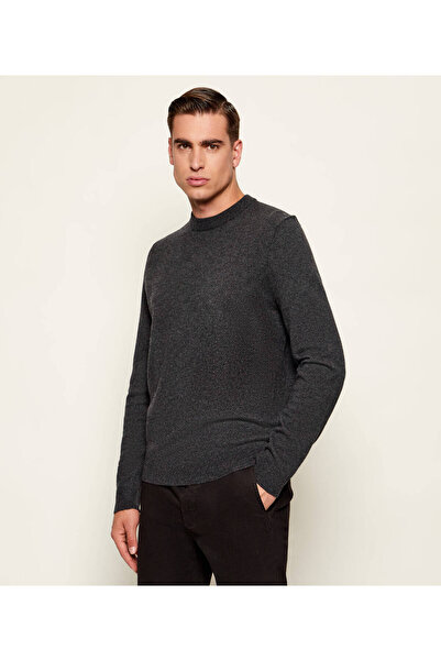 BOSS Men's Regular Fit Ribbed Round Neck Pure Wool and Cotton Blend Long Sleeve Black Sweater 50549986