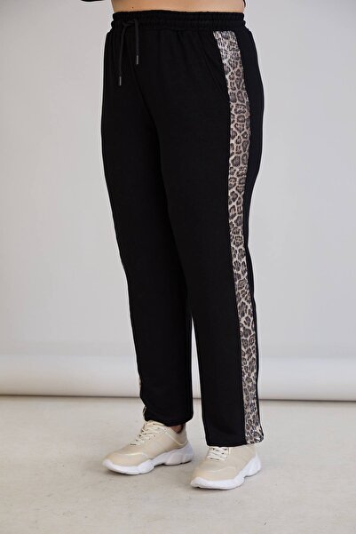 FOR ESRA BIG TREND Women's Plus Size Sequined Leopard Detail Hooded Zippered Pockets Lower Waist Elastic Stretchy Tracksuit Set