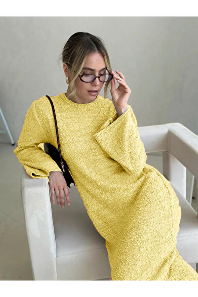 MAXXANA İspanyol Kol Bisiklet Yaka Dokulu Triko Elbise M-L-XL İçin Uygundur