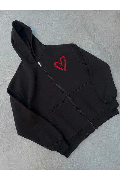 KentselBazaar Cardigan cu glugă cu fermoar imprimat cu trei fire - negru