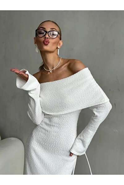 MAXXANA Spanish Sleeve Madonna Collar Textured Knitwear Dress Is Suitable for M-L-Xl