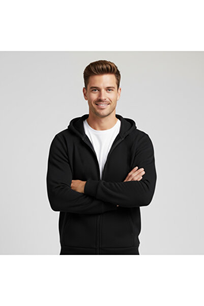 ZOKAWEAR Men's Black-Grey 2-Piece Hooded Zip-Up Cardigan 2 Thread Raised