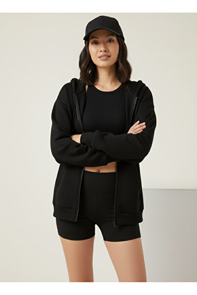 ZOKAWEAR Women's Grey-Black 2-Piece Hooded Zippered Cardigan 2 Thread Raised