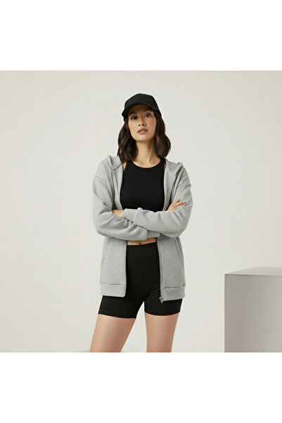 ZOKAWEAR Women's Grey-Black 2-Piece Hooded Zippered Cardigan 2 Thread Raised