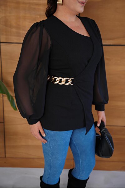 FOR ESRA BIG TREND Women's Plus Size Double-Breasted Collar Accessory Detail Long Chiffon Sleeve Woven Crepe Stretchy Blouse