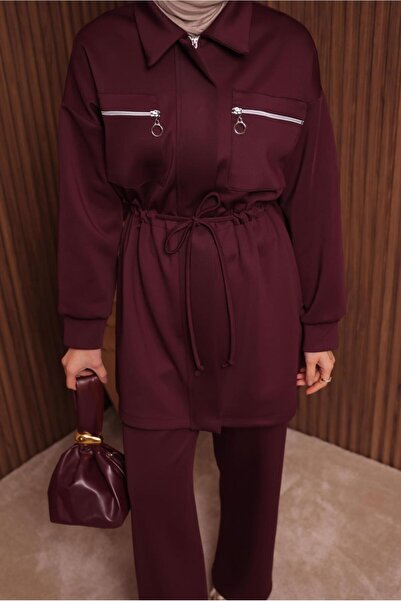 TRENDTESETTÜR Women's Burgundy Pants Suit with Scuba Knitting t 9235