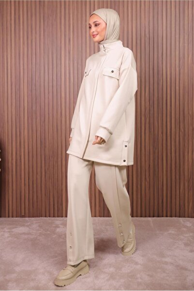 TRENDTESETTÜR Women's Beige Pants and Scuba Knitted Suit t 7235