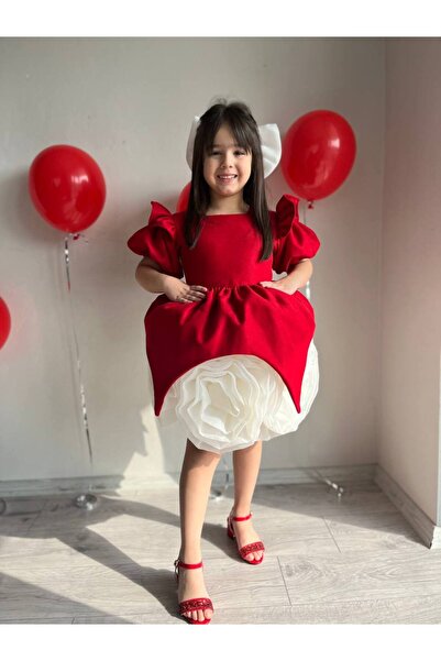 Sare Çocuk Giyim Red Velvet Skirt with White Rose Motif Special Design Girl's Evening Dress Birthday Dress + Buckle