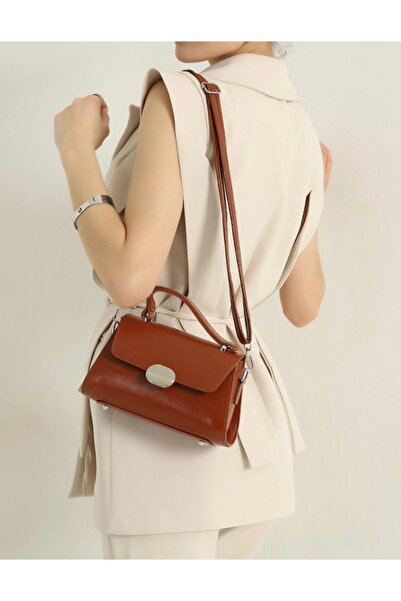 Eylül Tan Crinkled Textured Magnetic Women's Handbag and Shoulder Bag