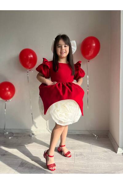 Sare Çocuk Giyim Red Velvet Skirt with White Rose Motif Special Design Girl's Evening Dress Birthday Dress + Buckle