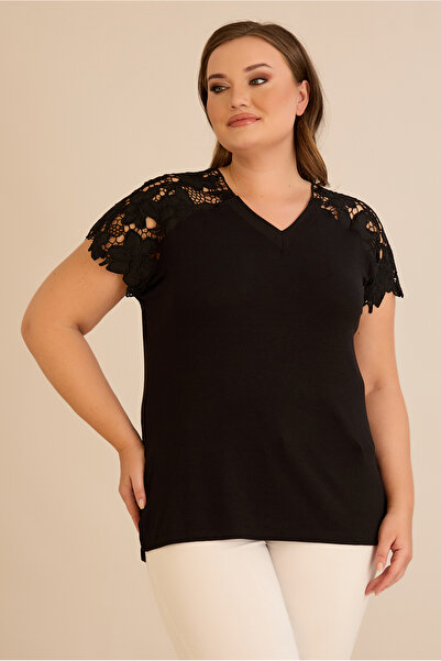 FOR ESRA BIG TREND Women's Plus Size Shoulder Flower Guipure Low-Cut V-Neck Raglan Short Sleeve Viscose Stretchy Blouse