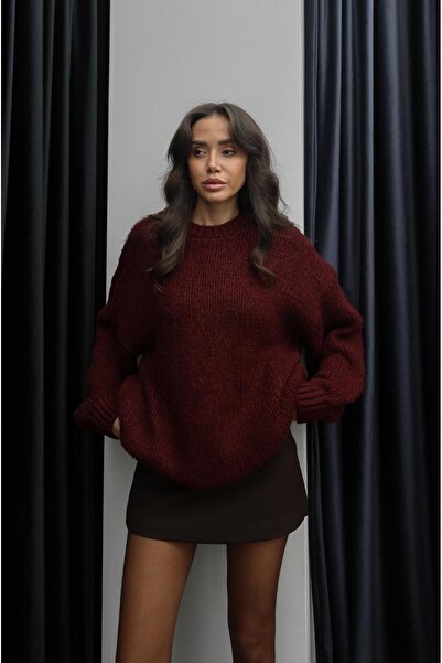 Havoş Burgundy Thick Knitted Crew Neck Sweater