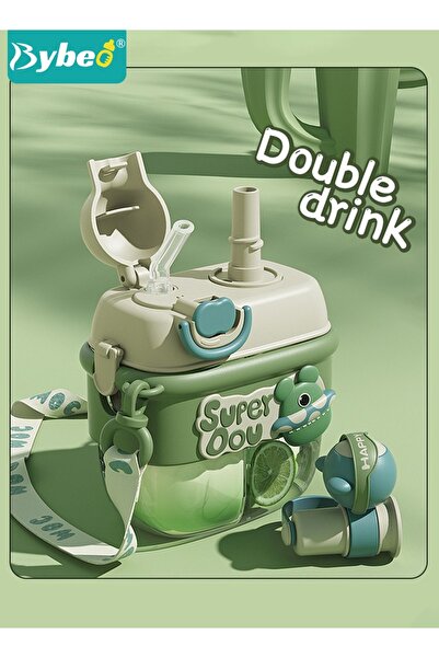 BYBEO Kids Water Bottle, Toddler Straw Cup With Double Drink Compartment, Portable Drinking Cup With Shoul