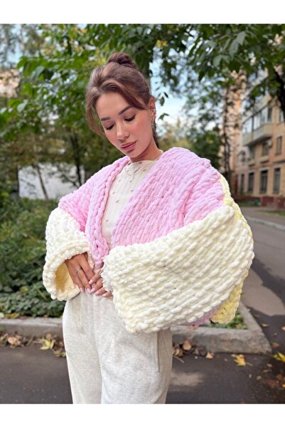 Alize Pinterest Hand Knitted Daisy Detailed Puffy Women's Floral Cardigan Jac...