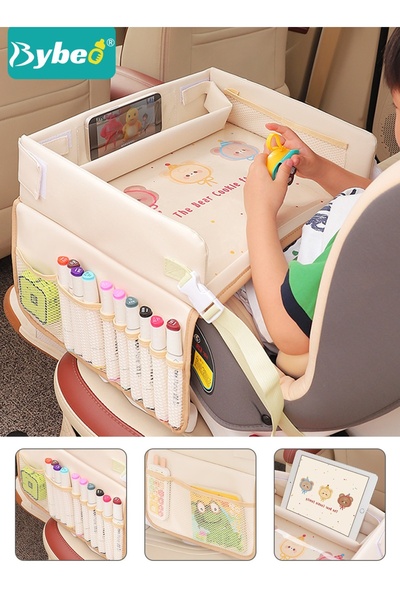 BYBEO Kids Travel Tray for Car, Car Seat Tray, Road Trip Essentials, Carseat Table with Mesh Pockets, Car