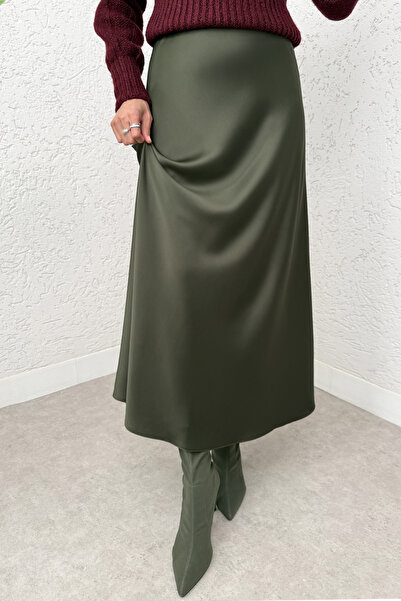 Salih Çelebi Fustă din satin în linie A 0031 - KHAKI