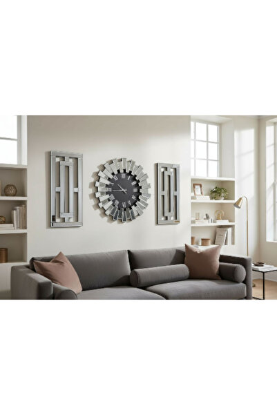 Amisos Dekor Füme Aynalı Piyano Saat Üçlü Takım – 80 cm Çapında, MDF yapı, Şı...