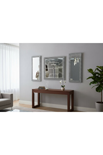 Amisos Dekor Kristal Taşlı 3’lü Saat Takımı Gümüş Renk – Dekoratif Duvar Saati Seti