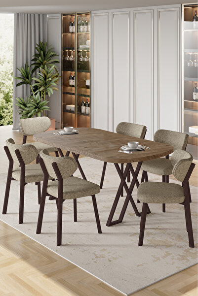 Canisa Axton Serisi Sabit Mdf 90x168 Atlantik Çam Mutfak Masa Takımı 6 Cappuc...