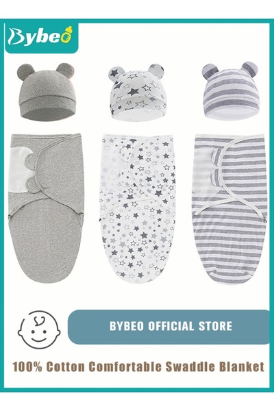 BYBEO 6 PCS Baby Swaddle Blanket Wrap Cap Set Newborn Infant Sleep Sack With Caps 100% Breathable Cotton 0