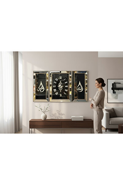 Amisos Dekor Aynalı Alice 3 lü Saat Takımı - Gold Çerçeveli Dekoratif Duvar S...