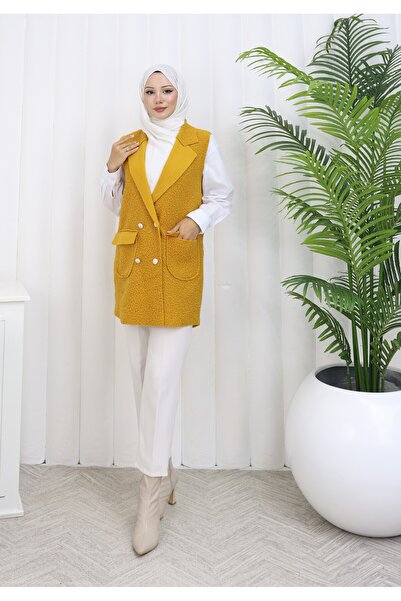 MİSS M.A.T FASHİON Bucket Pon Pon Fabric with Pocket Cover Crossbody Collar 4 Button Vest