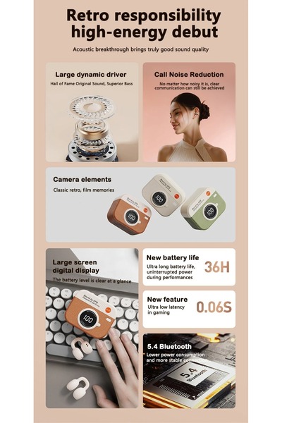 Generic Retro Wireless Bluetooth Earphones with Battery Display Long Endurance Clip on Ear Noise Reduction