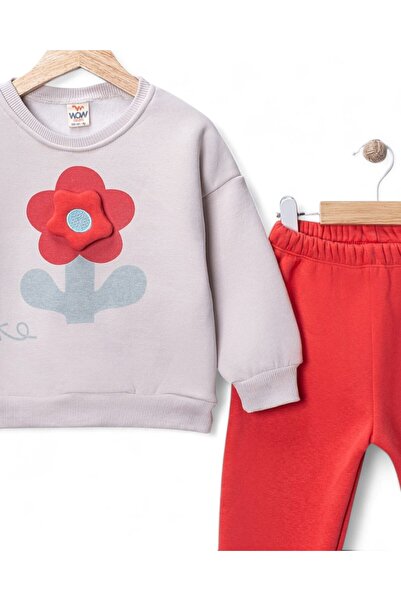 Egelite Girl's Floral Patterned Cotton Tracksuit Set 1-4 Years Old | Winter 3 Thread Fleece-Lined Thick Baby Set