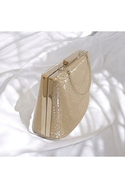 Butik Gold Snake Patterned Evening Bag |   Metal Lock Portfolio Clutch |   With Shoulder and Handle